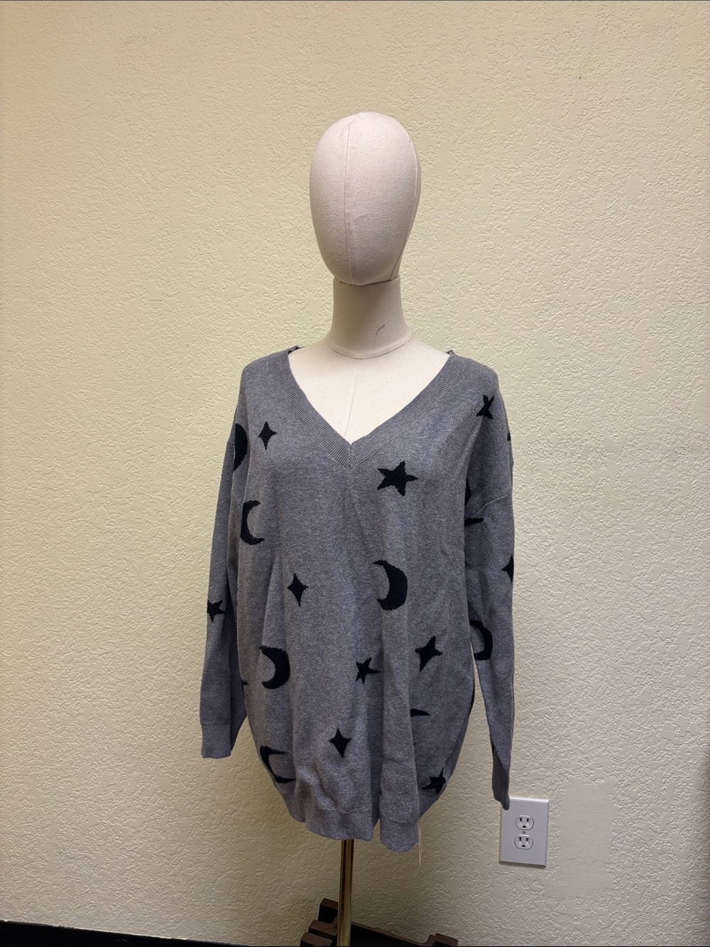 BloomChic Gray V-Neck Sweater with Black Moon & Star Motif